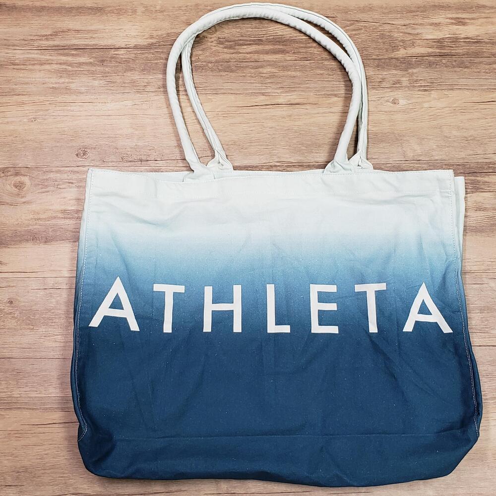 Athleta Tote Bag Womens Large Blue Ombre Cotton Canvas Logo Beach Sports Gym